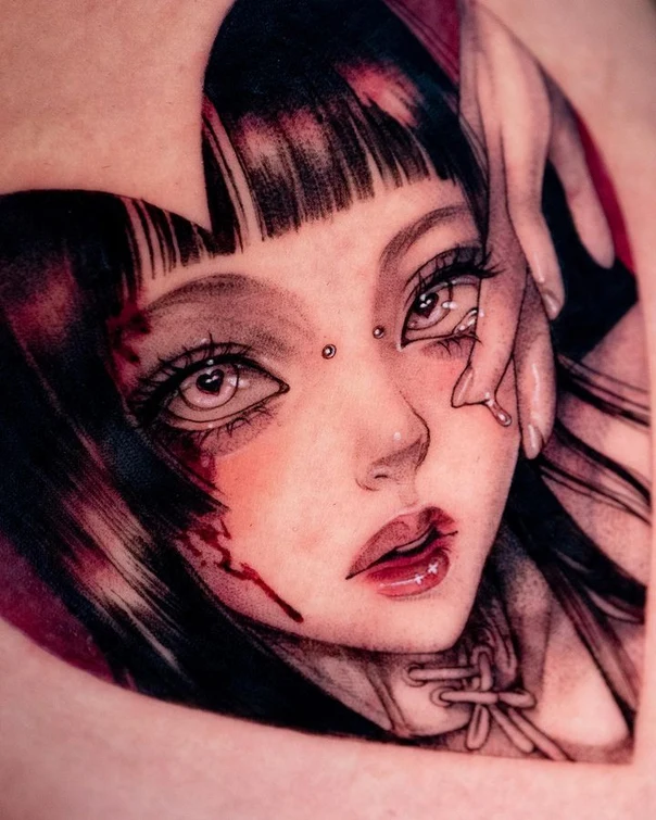 Illustrative Portrait, Anime tattoo on Shoulder Blade