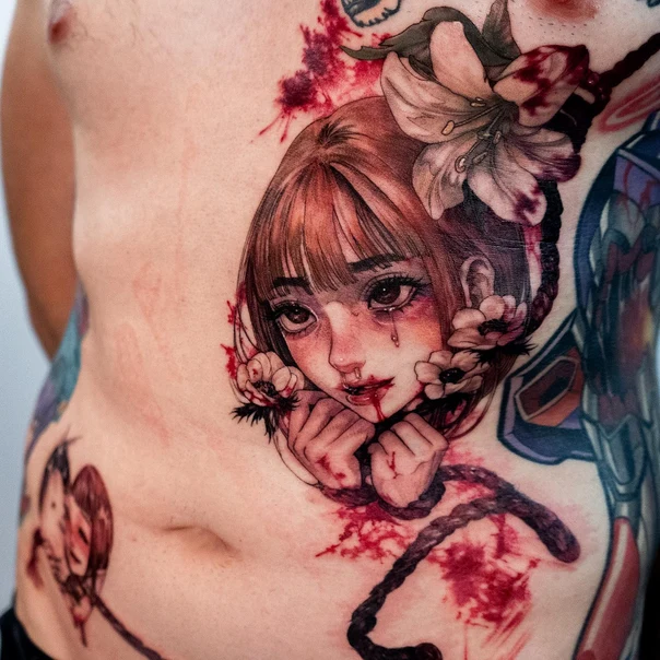 Anime Portrait, Flowers tattoo on Chest