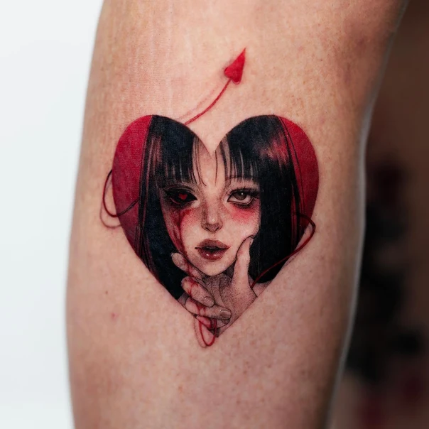 Illustrative Heart, Cherry tattoo on Upper Arm