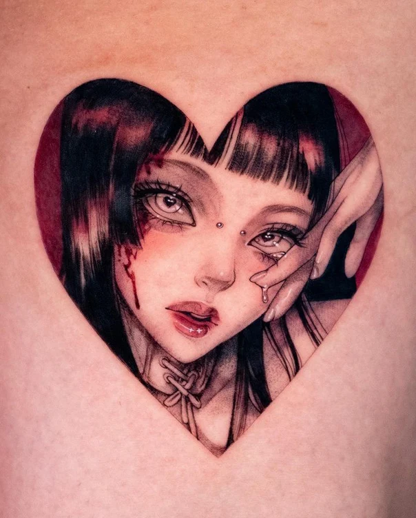 Illustrative Heart, Face tattoo on Chest