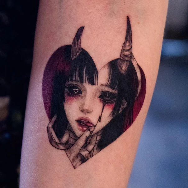 Anime Demon, Heart tattoo on Forearm