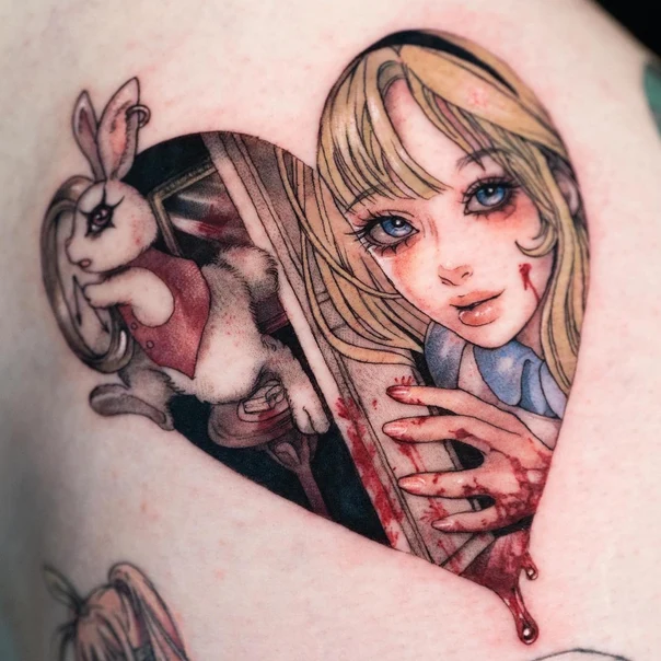 Illustrative Alice in wonderland, Rabbit tattoo on Thigh