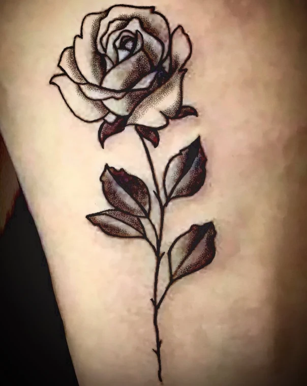 Illustrative Rose, Leaves tattoo on Upper Arm