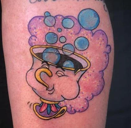 Illustrative Teacup, Bubbles tattoo on Thigh