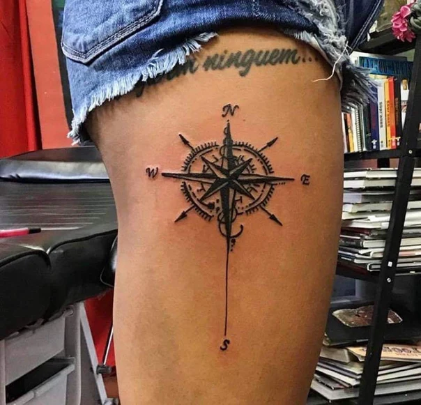 Linework Compass tattoo on Thigh