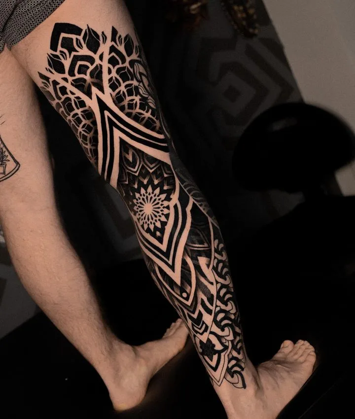 Full-leg ornamental mandala piece by Alisa Sahar