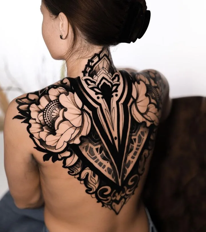 Ornamental back and neck piece with peonies by Alisa Sahar