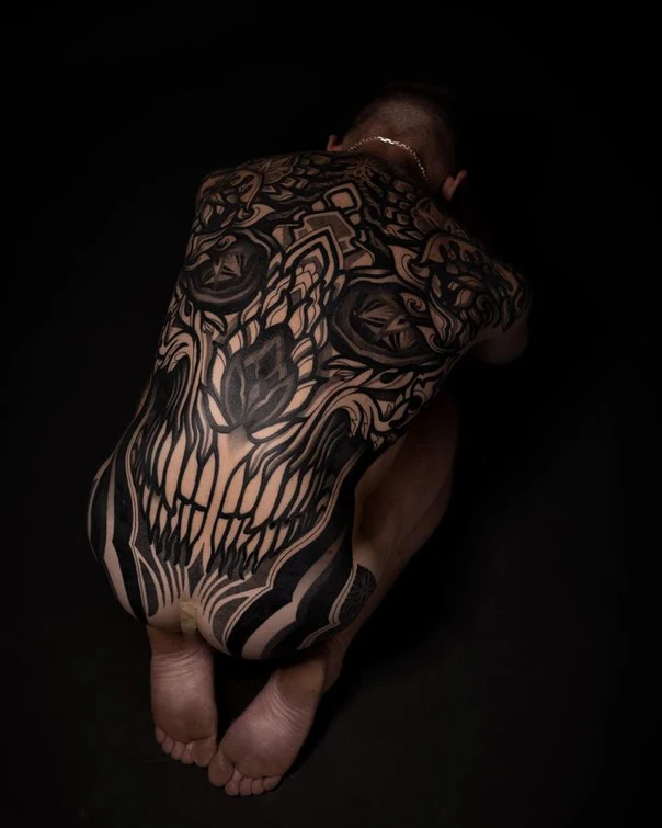 Blackwork Skull, Mandala tattoo on Full Back