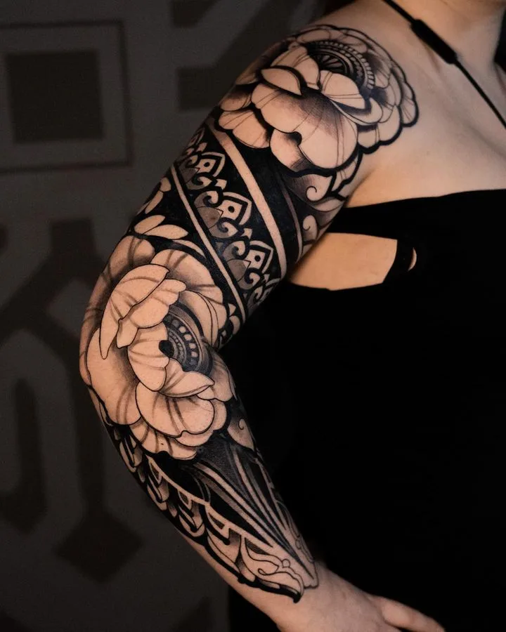 Ornamental full sleeve with peonies by Alisa Sahar