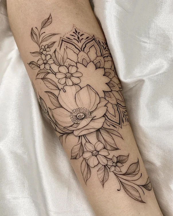 Fineline Flowers, Mandala tattoo on Forearm