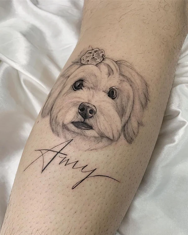 Graphic Dog, Name tattoo on Calf