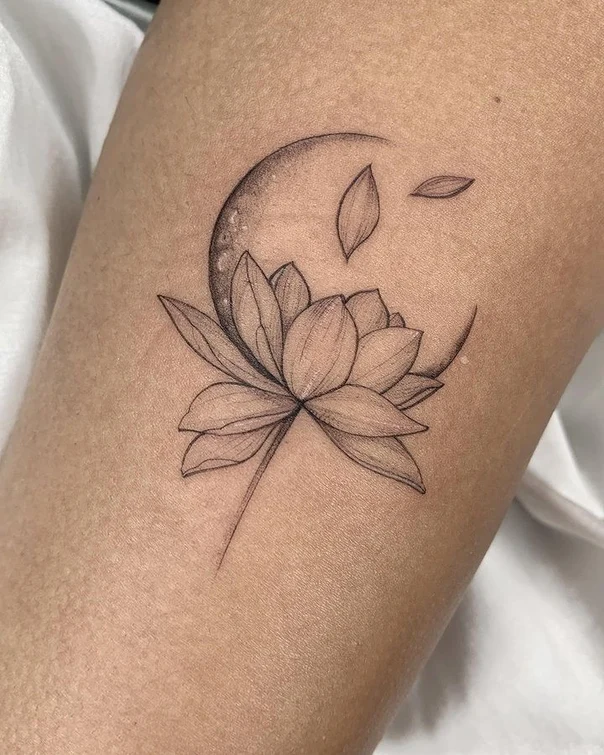Fineline Lotus, Moon tattoo on Forearm