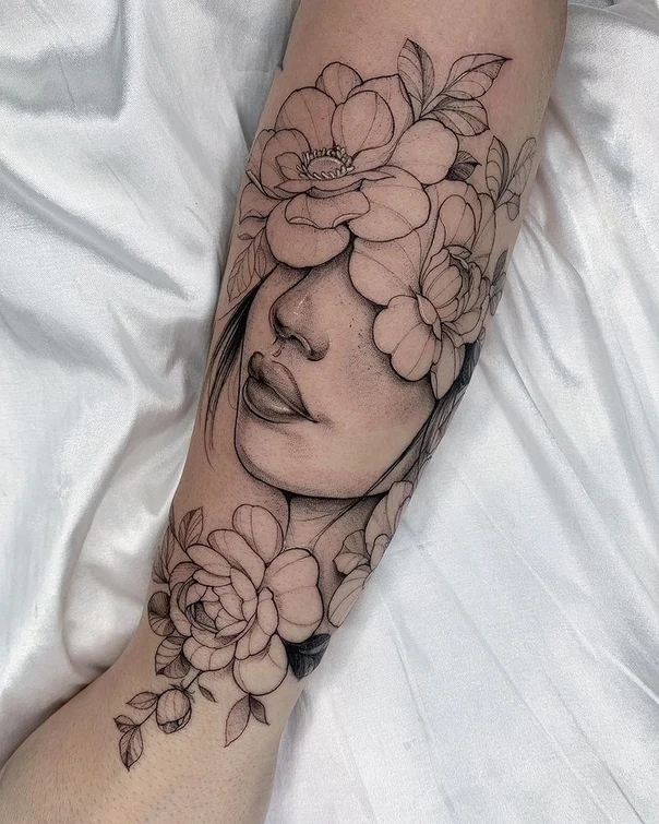 Fineline Woman face, Flowers tattoo on Forearm