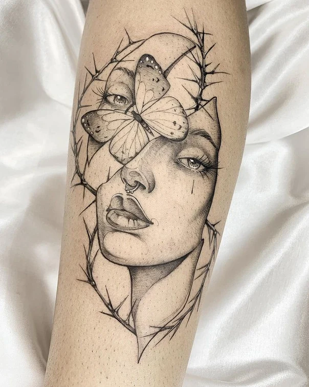 Black & Grey Portrait, Butterfly tattoo on Forearm