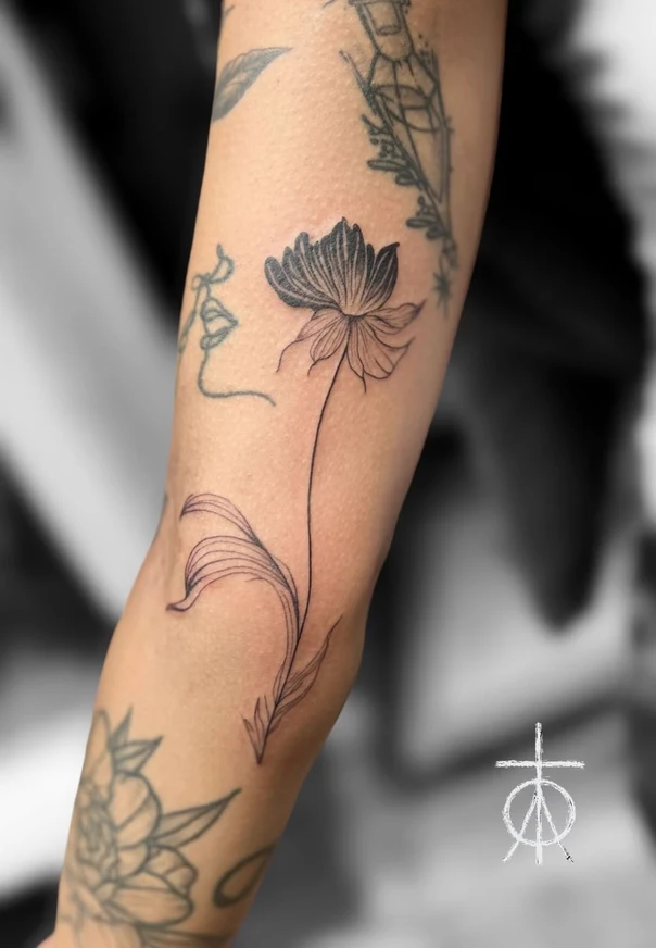 Linework Flower, Leaf tattoo on Forearm