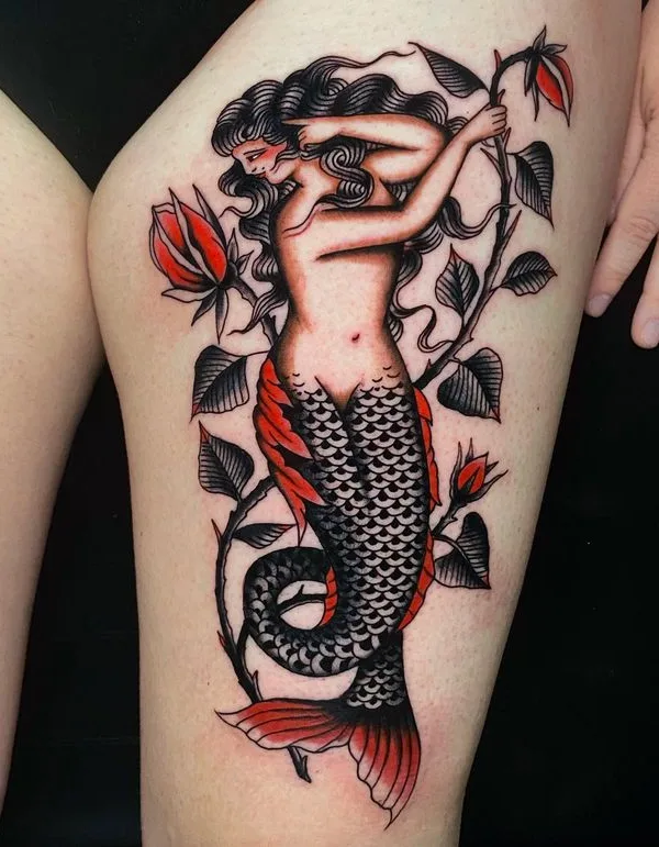 female color traditional 纹身 在 thigh #75470 | 纹身师 Joe Tartarotti
