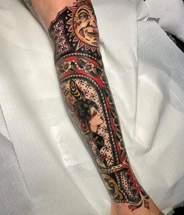 Neo Traditional Sun, Woman tattoo on Forearm