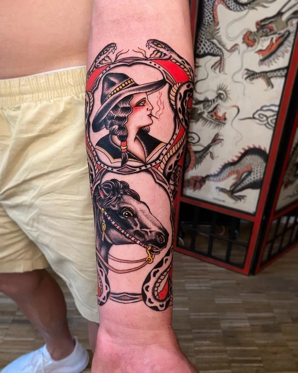 Traditional Woman, Horse tattoo on Forearm