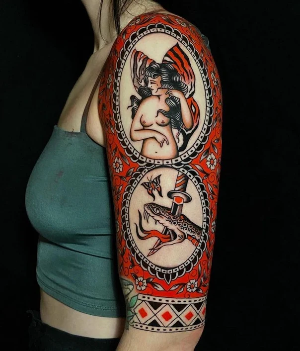 Traditional Woman, Snake tattoo on Full Sleeve