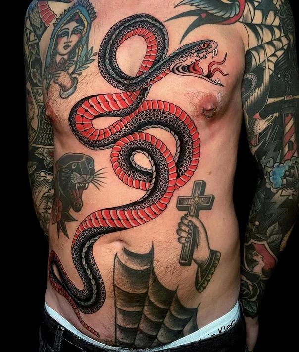 Traditional Snake, Cross tattoo on Stomach