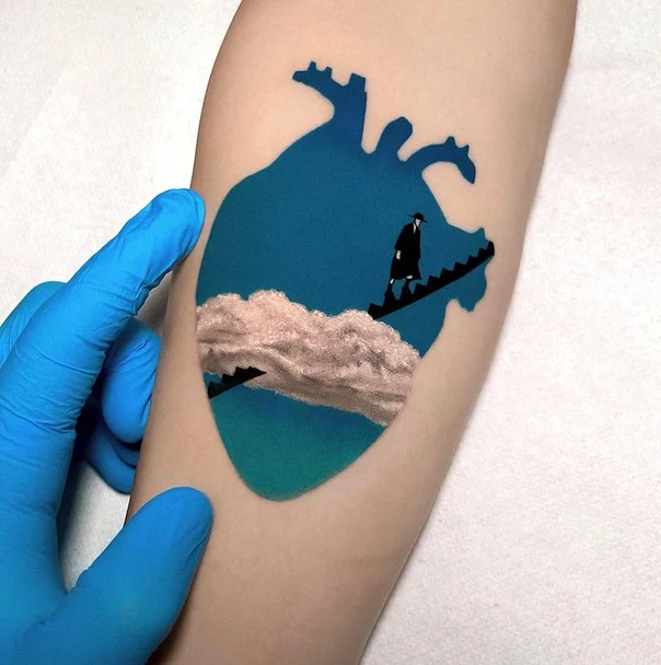 Illustrative Heart, Cloud tattoo on Forearm