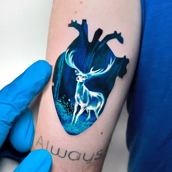 Illustrative Deer, Heart tattoo on Forearm