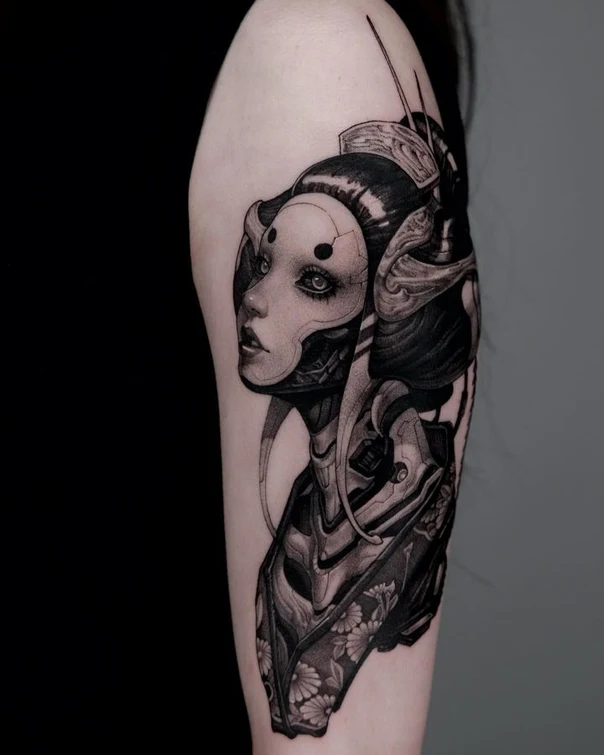Black & Grey Geisha, Robot tattoo on Upper Arm