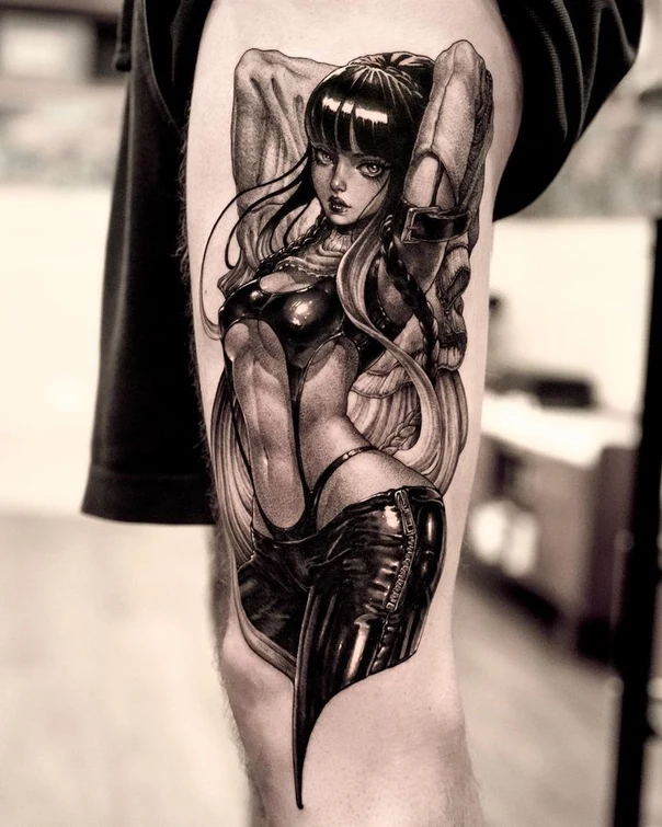 Illustrative Woman, Futuristic bodysuit tattoo on Thigh