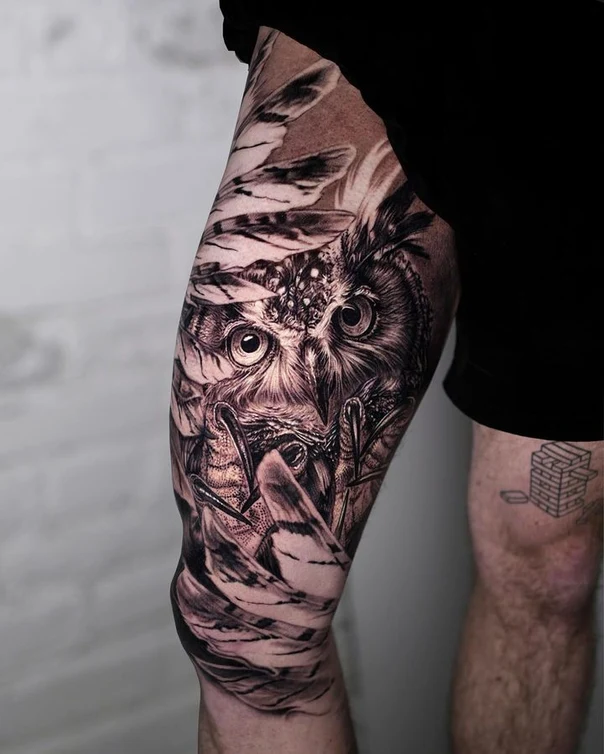 Realism Owl, Feathers tattoo on Thigh