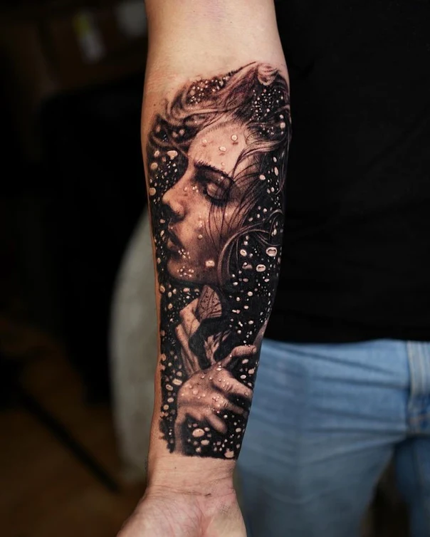 Realism Portrait, Water tattoo on Forearm