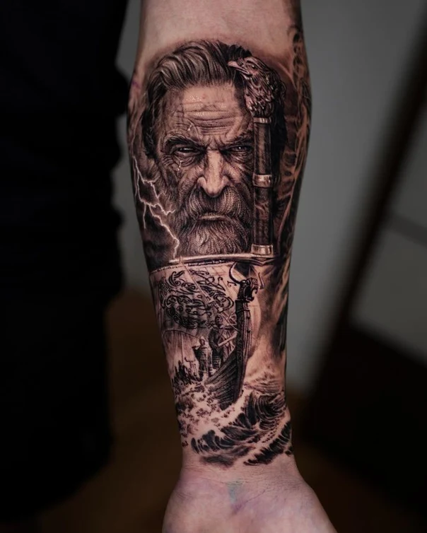 Realism Man's face, Lightning tattoo on Calf