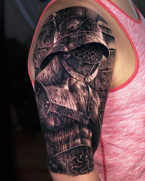 Realism Gladiator, Armor tattoo on Full Sleeve