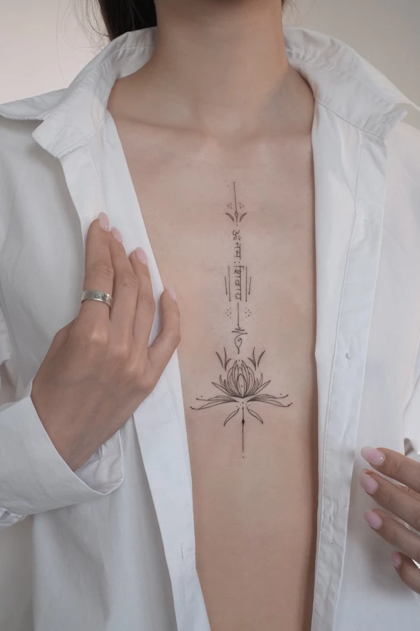 Minimalist Lotus flower, Geometric lines tattoo на Грудь