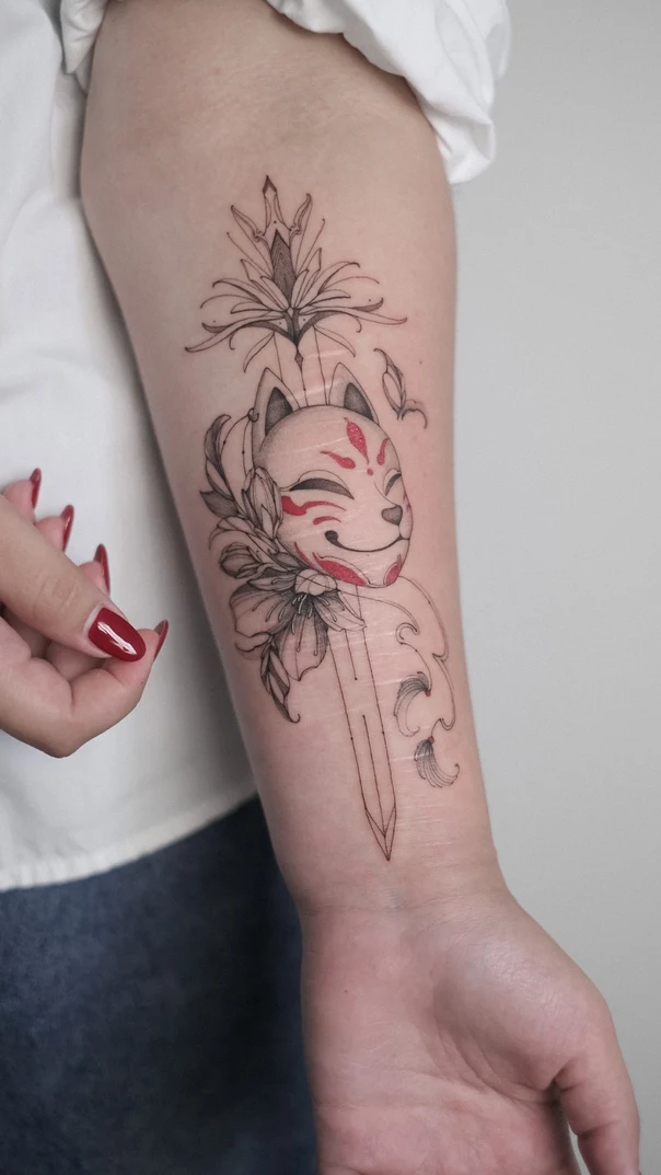 Традиционная Cat face, Flowers tattoo на Предплечье