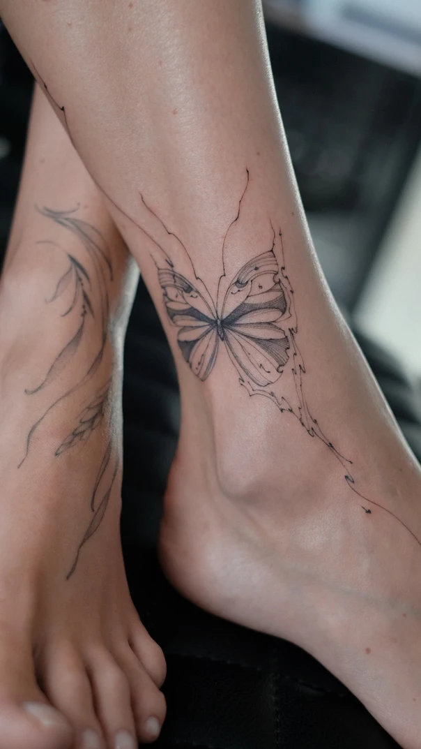 Minimalist Butterfly, Leaf-like vines tattoo на Лодыжка