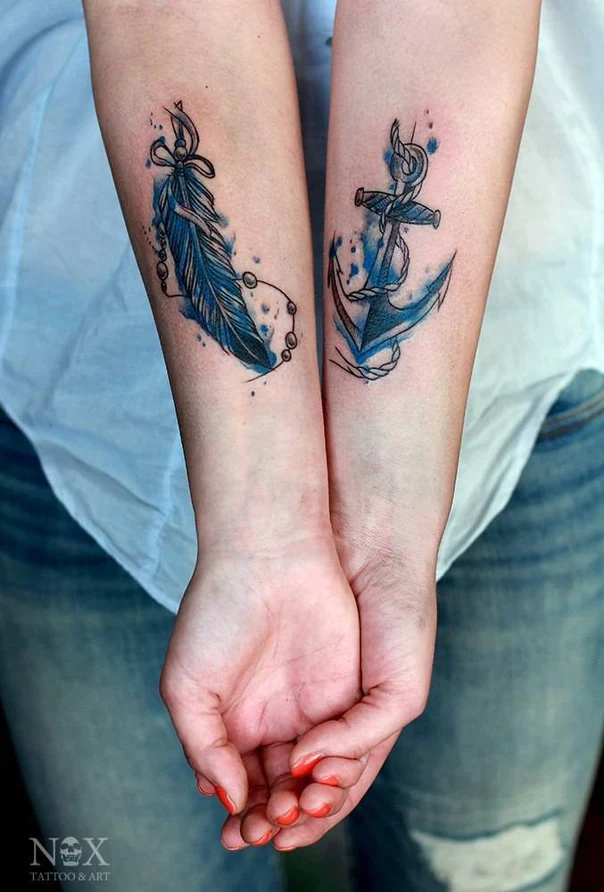 Акварель Feather, Anchor tattoo на Предплечье