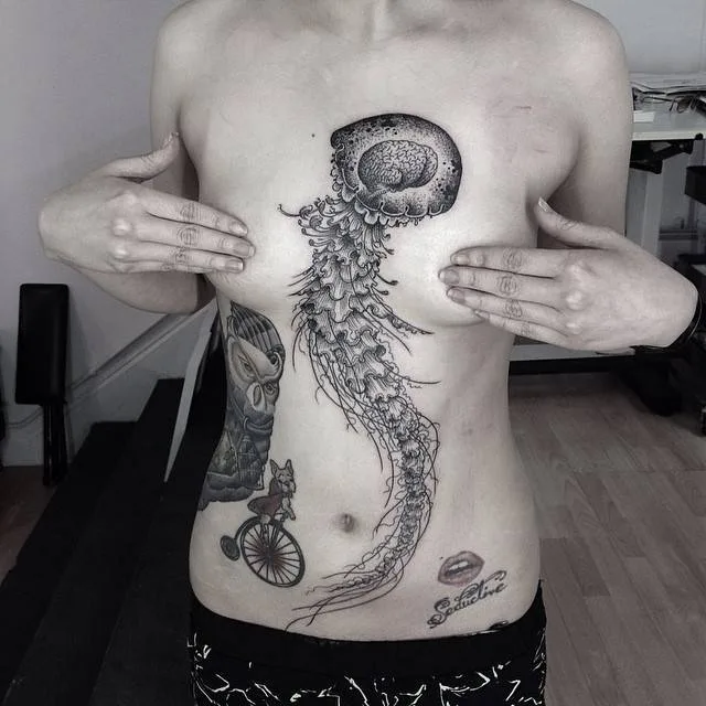 Tattoo artist Otto D’Ambra linework, abstract, surrealism dotwork design tattoo