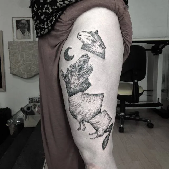 Tattoo artist Otto D’Ambra linework, abstract, surrealism dotwork design tattoo