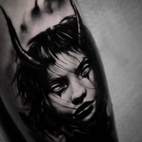 Black & Grey Demon, Portrait tattoo on Forearm