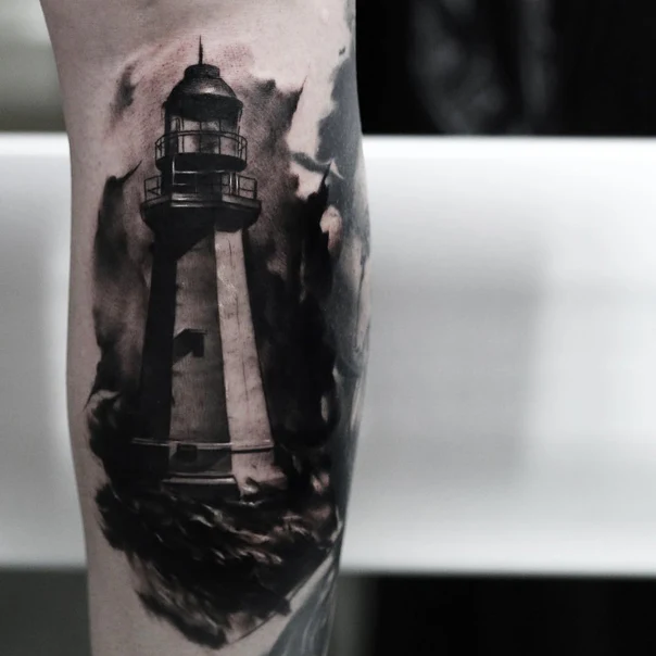 Black & Grey Lighthouse, Waves tattoo on Forearm