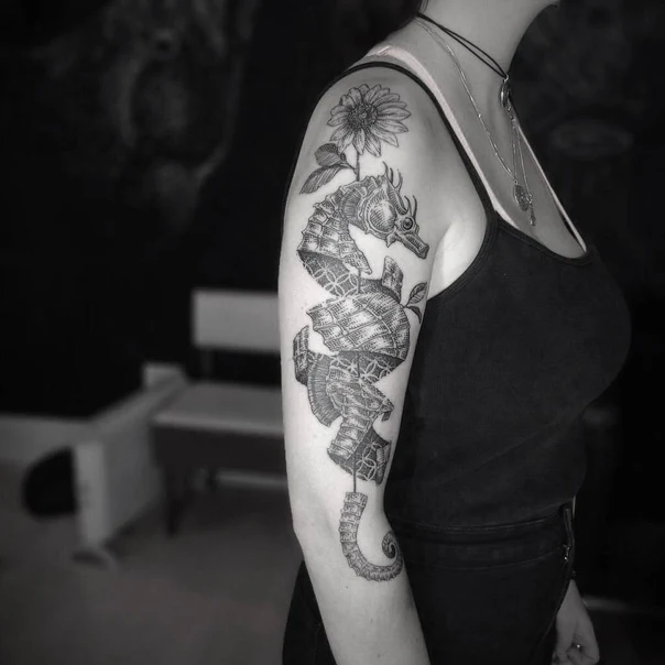 Blackwork Seahorse, Flower tattoo on Upper Arm