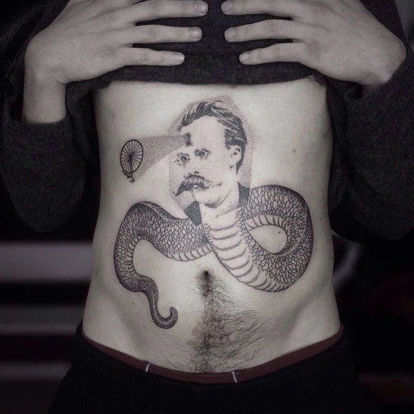 Blackwork Portrait, Snake tattoo on Stomach
