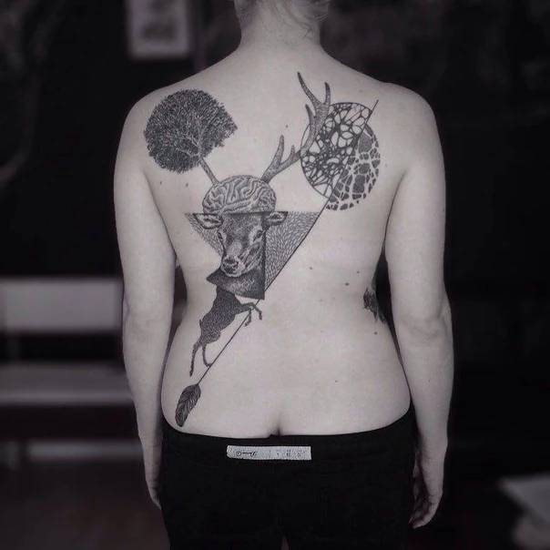 Blackwork Deer, Tree tattoo on Upper Back