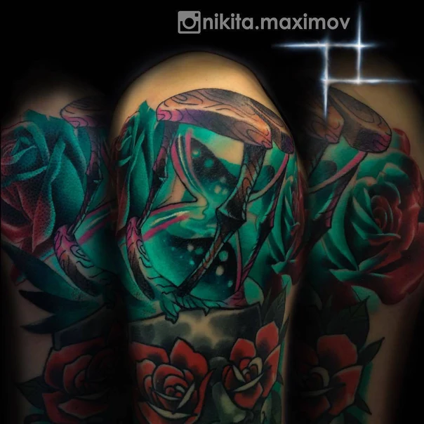 Нео-традиционная Rose, Hourglass tattoo на Дельта