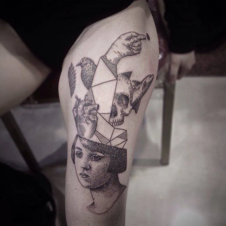 Tattoo artist Otto D’Ambra linework, abstract, surrealism dotwork design tattoo
