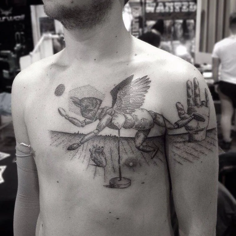 Tattoo artist Otto D’Ambra linework, abstract, surrealism dotwork design tattoo