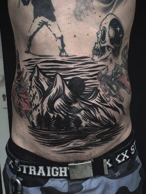 male black and grey blackwork Tatuagem em stomach #4980 | Tatuador Евгений Неделько