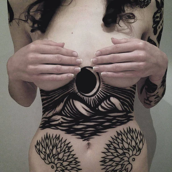 Blackwork Sun, Mountains tattoo on Stomach