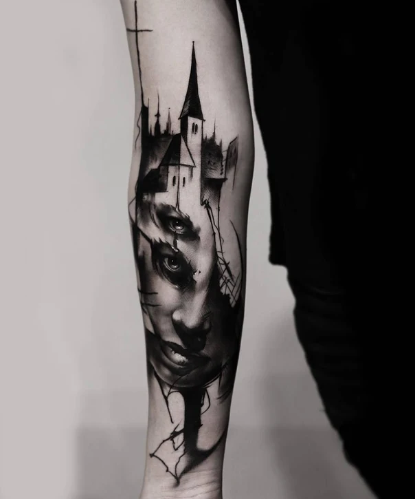 Blackwork Face, Castle tattoo on Forearm
