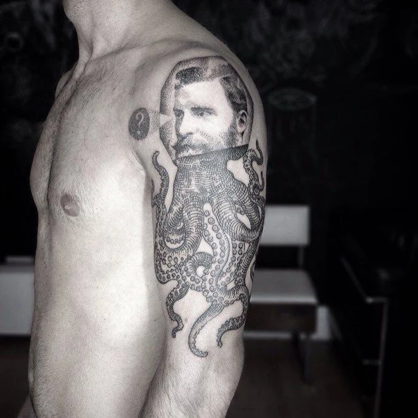 Blackwork Octopus, Portrait tattoo on Upper Arm